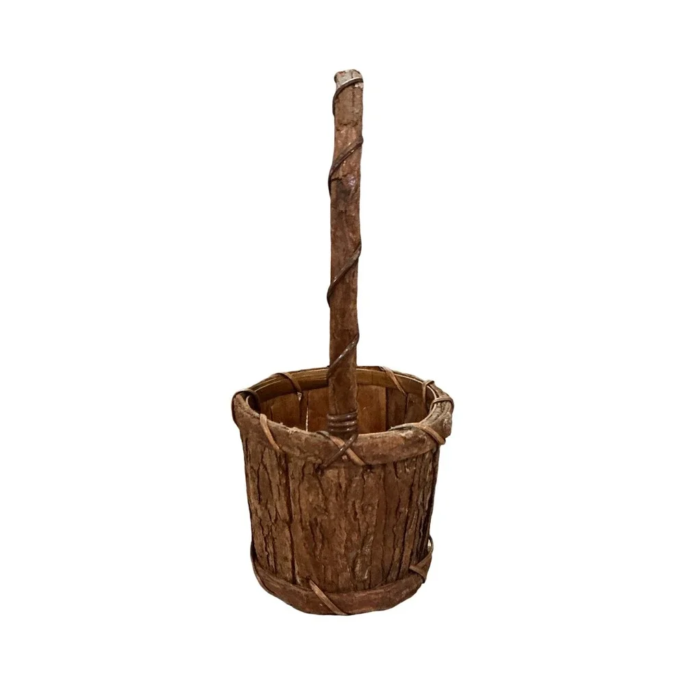 Vintage Rustic Tree Bark Basket with Tall Handle 10.5 Inch Brown Woodland Decor